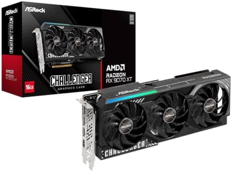 ASRock AMD Radeon RX 9070 Challenger 16GB 2520 MHz 20 Gbps GDDR6 256Bit GPU RT AI Accelerators PCIe5 0 2x8 pin Triple Fan 700W Graphics Card 0DB Silent Cooling DisplayPort2 1a HDMI2 1b LED Indicator