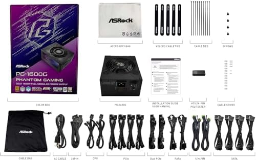 ASRock PG 1600G ATX 3 1 1600W Power Supply PCle5 1 10 Years Warranty Fully Modular Japanese Capacitor Phantom Gaming PG 1600G 80 Plus Gold Cybenetics Platinum 12V 2x6 Cables