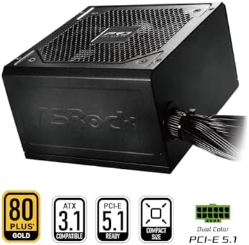 ASRock PRO 850G Power Supply   850W 80 Plus Gold Certified  ATX 3 1 & PCIe 5 1 Ready  Native 12V 2x6 Connector  120mm Low Noise Fan  3 Year Warranty
