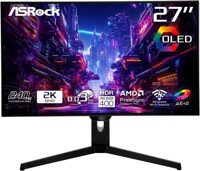 ASRock Phantom Gaming 27" QHD  2560x1440  240Hz Flat WOLED Gaming Monitor  0 03ms  GTG   99  DCI P3 with 129  sRGB Color Space  2xHDMI 2 1  2xDisplayPort 1 4  3xUSB  PGO27QFS