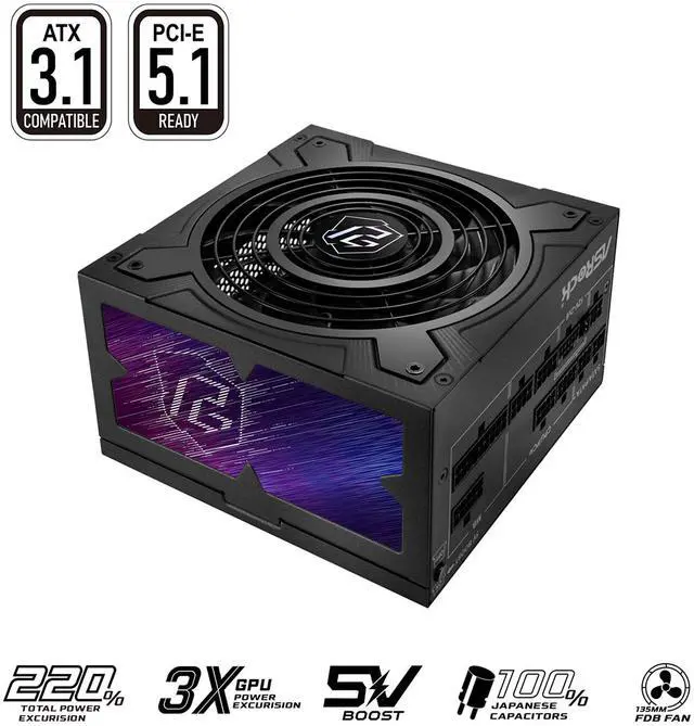 ASRock Phantom Gaming PG 750G 750W 80 PLUS GOLD & Cybenetics PLATINUM Full Modular Power Supply  ATX3 1 & PCIe5 1 Ready with Dual Color 12V 2x6 Cable  10 Years Warranty