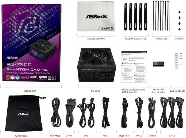 ASRock Phantom Gaming PG 750G 750W 80 PLUS GOLD & Cybenetics PLATINUM Full Modular Power Supply  ATX3 1 & PCIe5 1 Ready with Dual Color 12V 2x6 Cable  10 Years Warranty