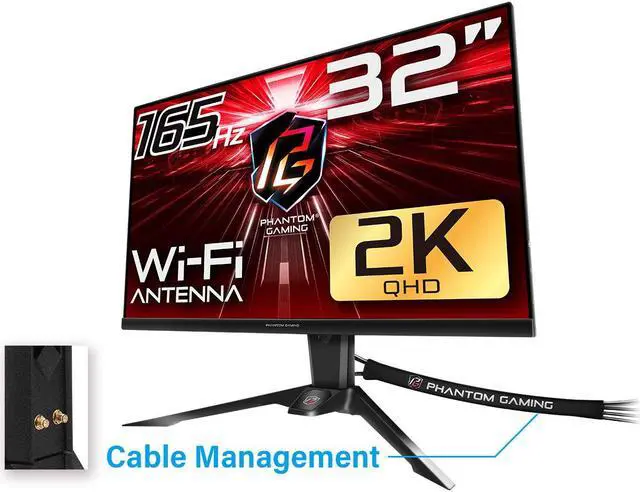 ASRock Phantom Gaming 32"  31 5" viewable  QHD 2K 1440P 165Hz with AMD FreeSync Premium HDR400 Built in Speakers & Wi Fi Antenna Gaming Computer Monitor with Height Adjustable  Swivel  and Tilt stand PG32QF2B