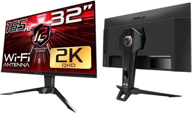 ASRock Phantom Gaming 32"  31 5" viewable  QHD 2K 1440P 165Hz with AMD FreeSync Premium HDR400 Built in Speakers & Wi Fi Antenna Gaming Computer Monitor with Height Adjustable  Swivel  and Tilt stand PG32QF2B