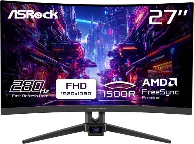 ASRock Phantom Gaming 27 inch Full HD 280Hz with FreeSync Premium  AMD Adaptive Sync  1ms Flicker Free Low Blue Light 1500R Curved Gaming Computer Monitor PG27FRS1A