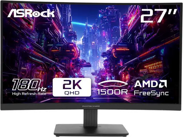 ASRock Phantom Gaming 27 inch QHD 2K 1440P 180Hz WITH AMD FreeSync Premium 95  DCI P3 Curved Gaming Computer Monitor PG27QRT1B