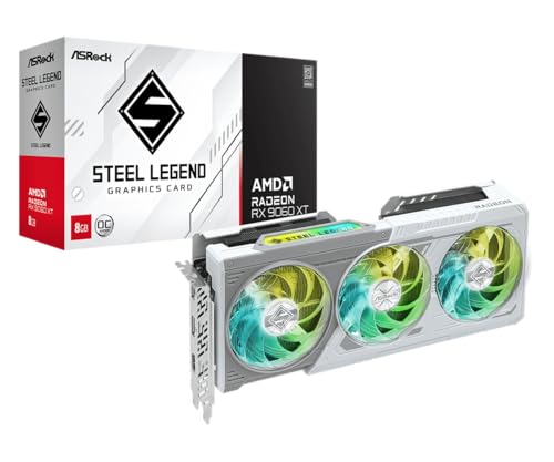 ASRock Radeon RX 9060 XT Steel Legend 8GB GDDR6 OC Graphics Card   3320 MHz Boost   Triple Fan   0dB Cooling   Metal Backplate   PCIe 5 0   DisplayPort 2 1a  HDMI 2 1b