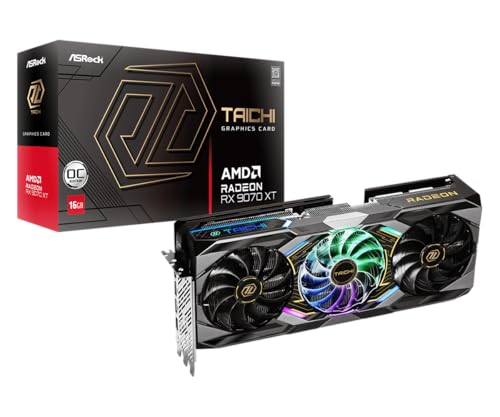 ASRock Radeon RX 9070 XT Taichi 16GB OC Graphics Card  AMD RDNA Architecture  3100 MHz Boost Clock  16GB GDDR6  DisplayPort 2 1a  HDMI 2 1b  Triple Fan Cooling  16 Power Phase Design