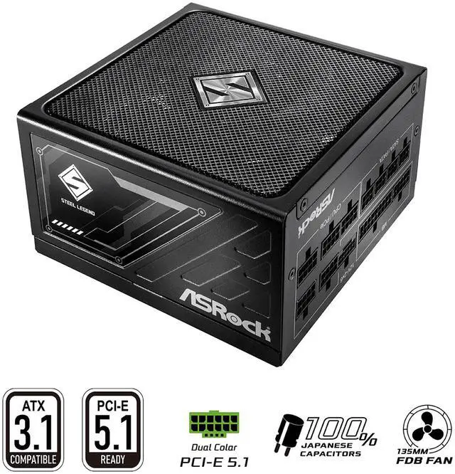 ASRock Steel Legend SL 1000G 1000W 80 PLUS GOLD & Cybenetics PLATINUM Full Modular Power Supply  ATX3 1 & PCIe5 1 Ready with Dual Color 12V 2x6 Cable  10 Years Warranty