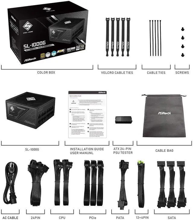 ASRock Steel Legend SL 1000G 1000W 80 PLUS GOLD & Cybenetics PLATINUM Full Modular Power Supply  ATX3 1 & PCIe5 1 Ready with Dual Color 12V 2x6 Cable  10 Years Warranty