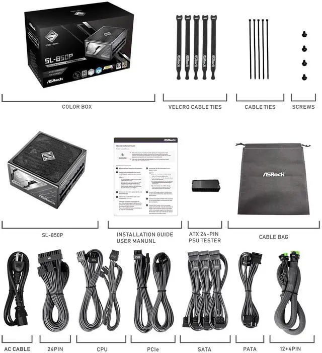 ASRock Steel Legend SL 850P 850W 80 PLUS GOLD & Cybenetics PLATINUM Full Modular Power Supply  ATX3 1 & PCIe5 1 Ready with Dual Color 12V 2x6 Cable  10 Years Warranty