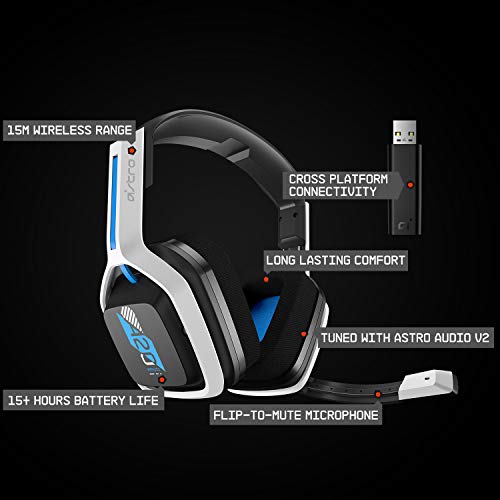 ASTRO Gaming A20 Wireless Headset Gen 2 for PlayStation 5/4  PC & Mac   White/Blue  Wireless Gaming Headset with Microphone