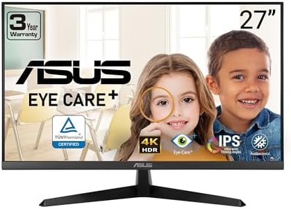 ASUS 27  4K Eye Care Monitor  VY27UQ    UHD  3840 x 2160   IPS  HDR10  Adaptive Sync  Eye Care Plus  Display Port  HDMI  Speaker  DisplayWidget  Blue Light Filter  Flicker Free  3yr Warranty