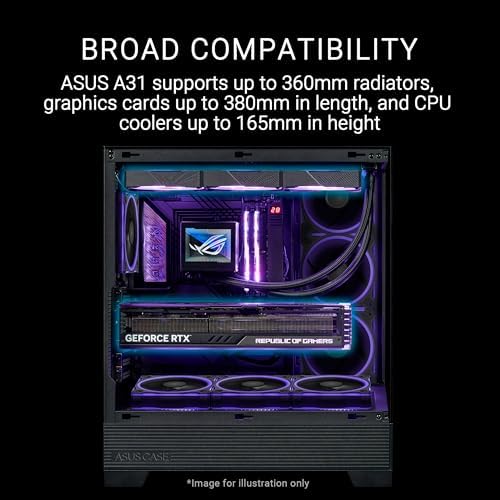 ASUS A31 Black ATX Mid Tower Gaming Case  Dual Tempered Glass  Frameless  BTF Hidden Connectors  360 AIO Support  Angled Base  ARGB  Optimized Airflow  Seamless Cable Management  2 Year Warranty