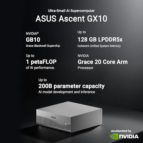 ASUS Ascent GX10 AI Supercomputer  NVIDIA GB10 Superchip  128GB LPDDR5x  1TB PCIe Gen4 NVMe SSD  Wi Fi 7 & BT5 4  DGX OS  Agentic AI Ready  Supports OpenClaw  NemoClaw  Gray Stackable Metal Chassis