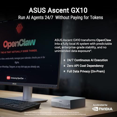 ASUS Ascent GX10 AI Supercomputer  NVIDIA GB10 Superchip  128GB LPDDR5x  1TB PCIe Gen4 NVMe SSD  Wi Fi 7 & BT5 4  DGX OS  Agentic AI Ready  Supports OpenClaw  NemoClaw  Gray Stackable Metal Chassis