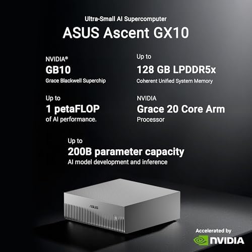 ASUS Ascent GX10 Personal AI Supercomputer with NVIDIA GB10 Superchip  128GB LPDDR5x RAM  1TB PCIe G4x4 NVMe SSD  Wi Fi 7 & BT5 4  DGX OS  and Gray Anodized Metal Chassis with Stackable Magnetic Feet