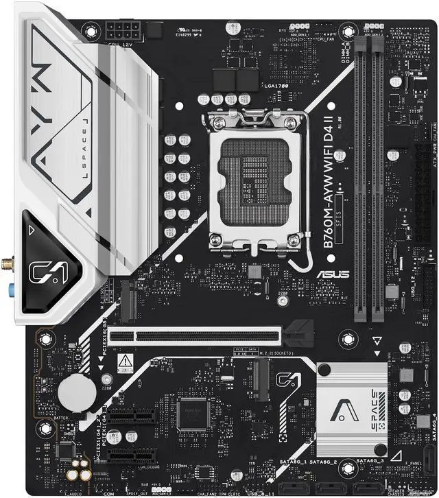 ASUS B760M AYW WIFI D4 II Intel B760  LGA 1700  microATX mATX motherboard  PCIe 5 0 x16 Support  two M 2 slots  DDR4  Realtek 2 5Gb Ethernet  Wi Fi 6  HDMI  SATA 6 Gbps  front USB 5Gbps  Aura Sync