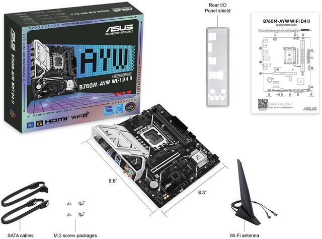 ASUS B760M AYW WIFI D4 II Intel B760  LGA 1700  microATX mATX motherboard  PCIe 5 0 x16 Support  two M 2 slots  DDR4  Realtek 2 5Gb Ethernet  Wi Fi 6  HDMI  SATA 6 Gbps  front USB 5Gbps  Aura Sync