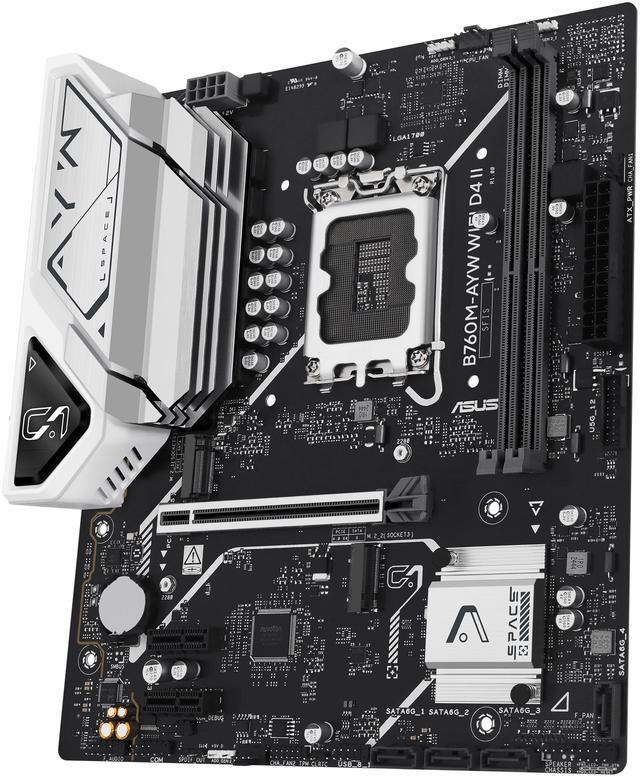 ASUS B760M AYW WIFI D4 II Intel B760  LGA 1700  microATX mATX motherboard  PCIe 5 0 x16 Support  two M 2 slots  DDR4  Realtek 2 5Gb Ethernet  Wi Fi 6  HDMI  SATA 6 Gbps  front USB 5Gbps  Aura Sync