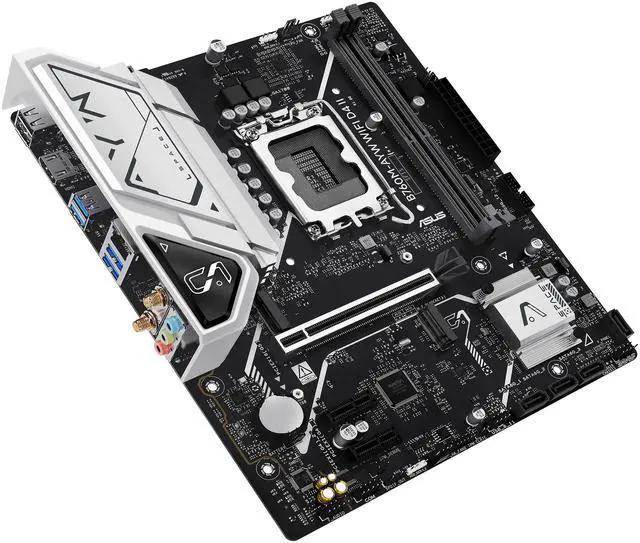 ASUS B760M AYW WIFI D4 II Intel B760  LGA 1700  microATX mATX motherboard  PCIe 5 0 x16 Support  two M 2 slots  DDR4  Realtek 2 5Gb Ethernet  Wi Fi 6  HDMI  SATA 6 Gbps  front USB 5Gbps  Aura Sync