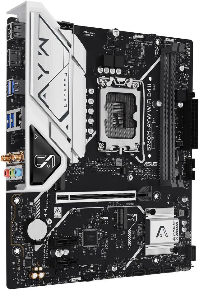 ASUS B760M AYW WIFI D4 II Intel B760  LGA 1700  microATX mATX motherboard  PCIe 5 0 x16 Support  two M 2 slots  DDR4  Realtek 2 5Gb Ethernet  Wi Fi 6  HDMI  SATA 6 Gbps  front USB 5Gbps  Aura Sync