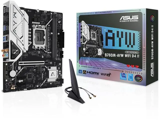 ASUS B760M AYW WIFI D4 II Intel B760  LGA 1700  microATX mATX motherboard  PCIe 5 0 x16 Support  two M 2 slots  DDR4  Realtek 2 5Gb Ethernet  Wi Fi 6  HDMI  SATA 6 Gbps  front USB 5Gbps  Aura Sync