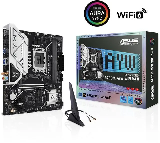 ASUS B760M AYW WIFI D4 II Intel B760  LGA 1700  microATX mATX motherboard  PCIe 5 0 x16 Support  two M 2 slots  DDR4  Realtek 2 5Gb Ethernet  Wi Fi 6  HDMI  SATA 6 Gbps  front USB 5Gbps  Aura Sync