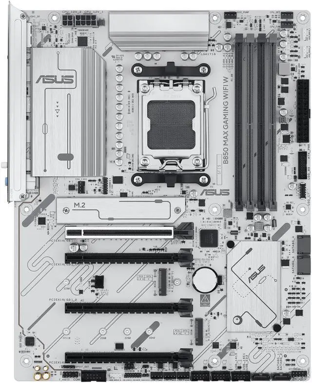 ASUS B850 MAX GAMING WIFI W   AMD AM5 ATX Motherboard  White PCB  DDR5  PCIe 5 0 Ready  3x M 2  Wi Fi 6E  2 5Gb LAN  USB 10Gbps Type C  DisplayPort  HDMI  BIOS FlashBack  Aura Sync  ASUS AI Advisor