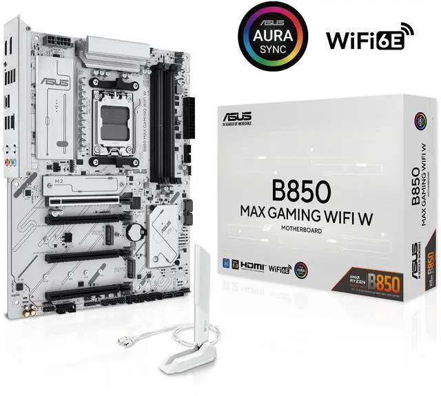 ASUS B850 MAX GAMING WIFI W   AMD AM5 ATX Motherboard  White PCB  DDR5  PCIe 5 0 Ready  3x M 2  Wi Fi 6E  2 5Gb LAN  USB 10Gbps Type C  DisplayPort  HDMI  BIOS FlashBack  Aura Sync  ASUS AI Advisor