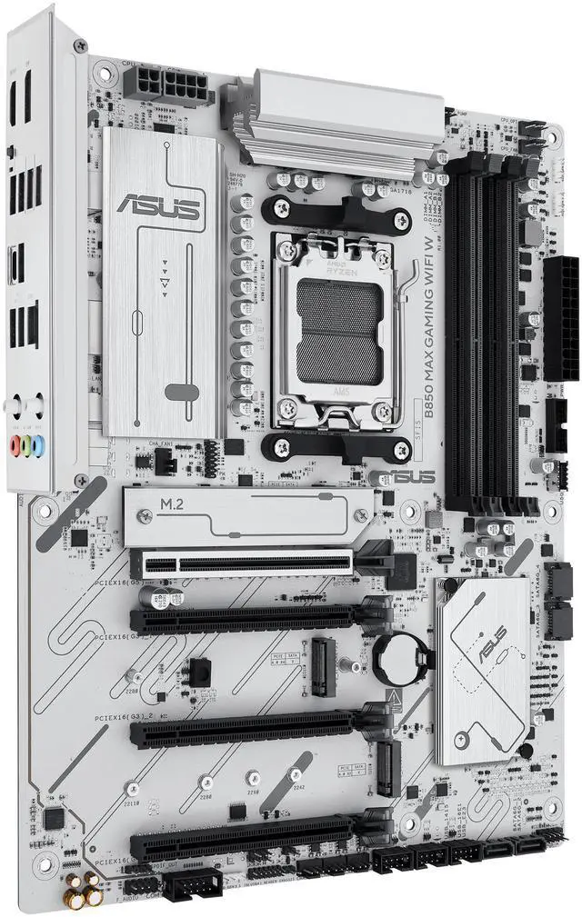ASUS B850 MAX GAMING WIFI W   AMD AM5 ATX Motherboard  White PCB  DDR5  PCIe 5 0 Ready  3x M 2  Wi Fi 6E  2 5Gb LAN  USB 10Gbps Type C  DisplayPort  HDMI  BIOS FlashBack  Aura Sync  ASUS AI Advisor