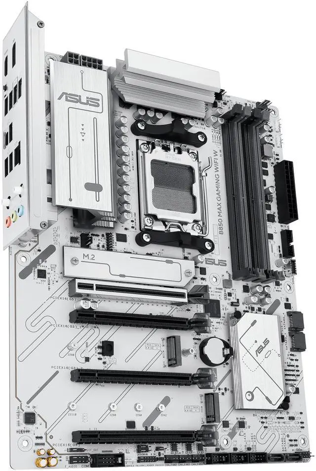 ASUS B850 MAX GAMING WIFI W   AMD AM5 ATX Motherboard  White PCB  DDR5  PCIe 5 0 Ready  3x M 2  Wi Fi 6E  2 5Gb LAN  USB 10Gbps Type C  DisplayPort  HDMI  BIOS FlashBack  Aura Sync  ASUS AI Advisor