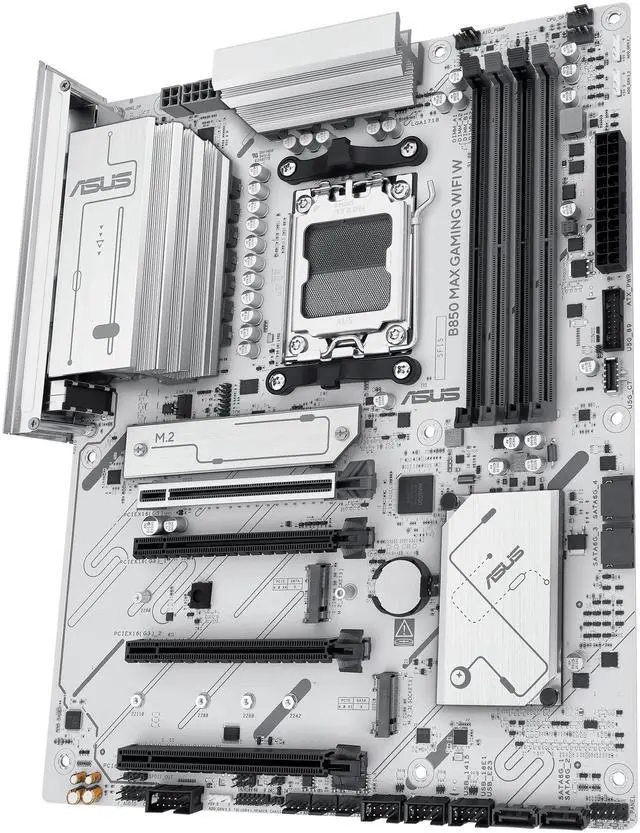 ASUS B850 MAX GAMING WIFI W   AMD AM5 ATX Motherboard  White PCB  DDR5  PCIe 5 0 Ready  3x M 2  Wi Fi 6E  2 5Gb LAN  USB 10Gbps Type C  DisplayPort  HDMI  BIOS FlashBack  Aura Sync  ASUS AI Advisor