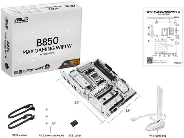 ASUS B850 MAX GAMING WIFI W   AMD AM5 ATX Motherboard  White PCB  DDR5  PCIe 5 0 Ready  3x M 2  Wi Fi 6E  2 5Gb LAN  USB 10Gbps Type C  DisplayPort  HDMI  BIOS FlashBack  Aura Sync  ASUS AI Advisor