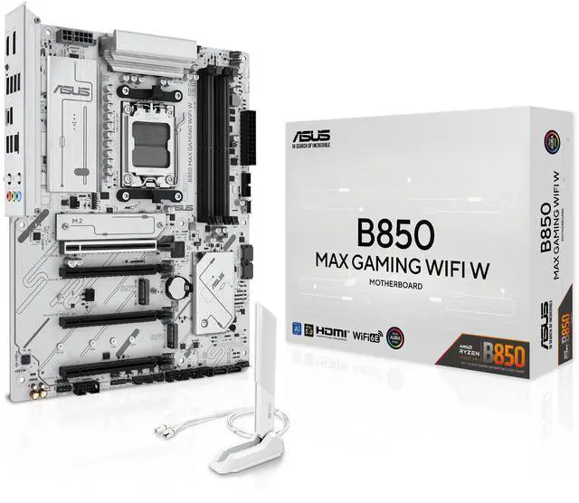 ASUS B850 MAX GAMING WIFI W   AMD AM5 ATX Motherboard  White PCB  DDR5  PCIe 5 0 Ready  3x M 2  Wi Fi 6E  2 5Gb LAN  USB 10Gbps Type C  DisplayPort  HDMI  BIOS FlashBack  Aura Sync  ASUS AI Advisor