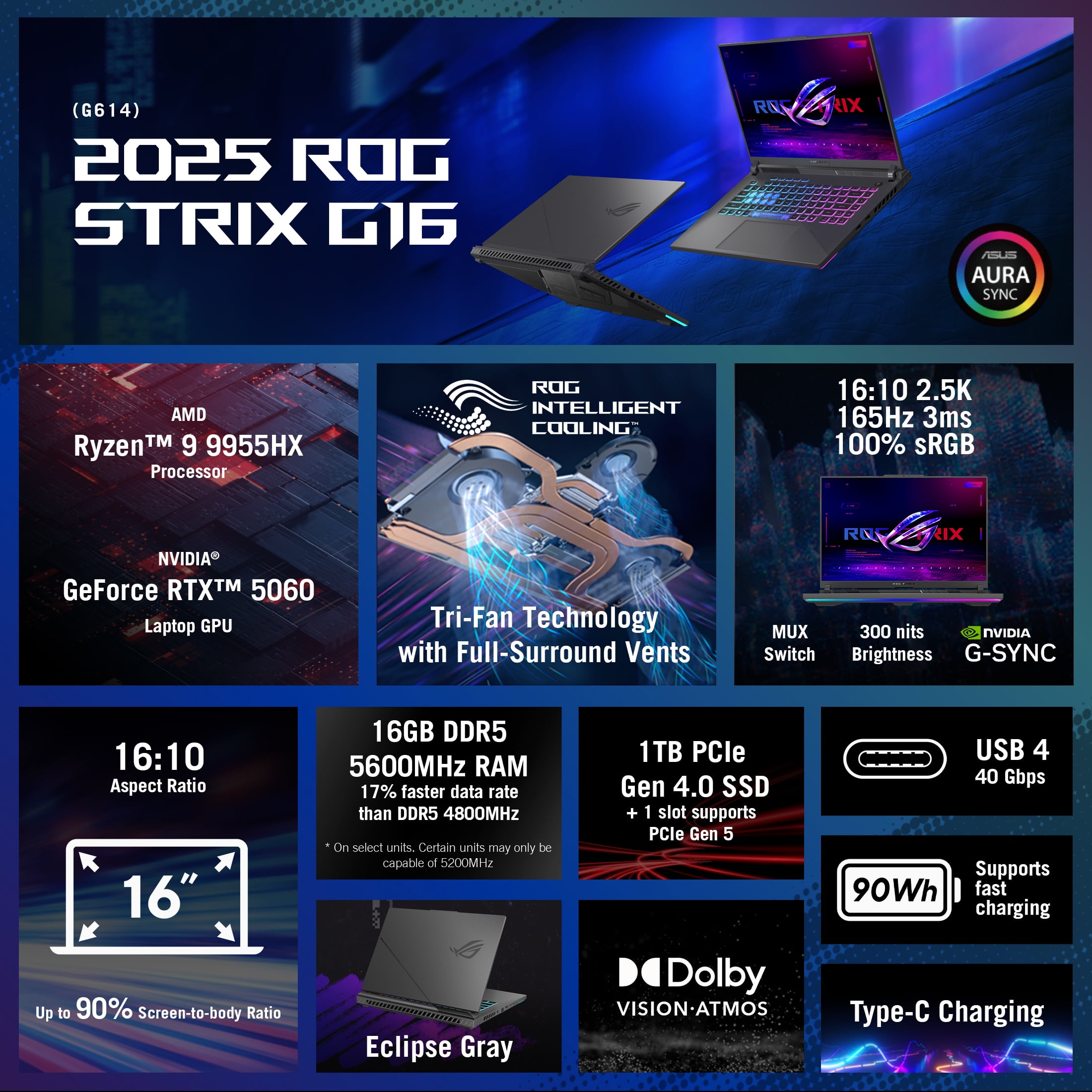 ASUS Computadora Portátil para Juegos ROG Strix G16  2025   16" WUXDA 165Hz/3ms AMD Ryzen 9 9955HX  NVIDIA GeForce RTX 5060 8GB VRAM 16GB DDR5 5600 RAM 1TB PCIe Gen 4 SSD Eclipse Gris