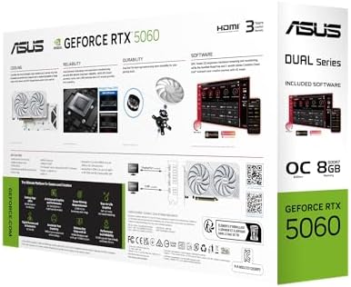 ASUS Dual GeForce RTX™ 5060 8GB GDDR7 Edición Blanca (PCIe 5.0, 8GB GDDR7, DLSS 4, HDMI 2.1b, DisplayPort 2.1b, diseño de 2.5 ranuras, diseño de ventilador Axial-tech, tecnología 0dB, BIOS dual y más)
