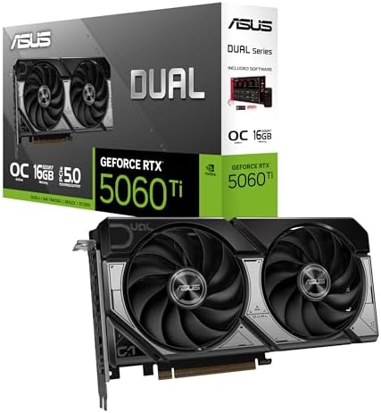 ASUS Dual GeForce RTX  5060 Ti 16GB GDDR7 OC Edition Graphics Card  NVIDIA  Desktop  PCIe 5 0  DLSS 4  HDMI 2 1b  DisplayPort 2 1b  2 5 Slot  Axial tech Fan  0dB Technology