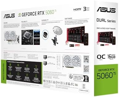 ASUS Dual NVIDIA GeForce RTX  5060 Ti 16GB GDDR7 White OC Edition  PCIe 5 0  16GB GDDR7  DLSS 4  HDMI 2 1b  DisplayPort 2 1b  2 5 Slot Design  Axial tech Fan Design  0dB Technology   3 Year Warranty