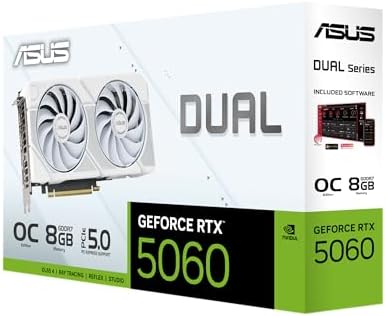 ASUS Dual NVIDIA GeForce RTX  5060 8GB GDDR7 White OC Edition Graphics Card  Desktop  PCIe 5 0  DLSS 4  HDMI 2 1b  DisplayPort 2 1b  2 5 Slot  Axial tech Fan  Dual BIOS   3 Year Warranty