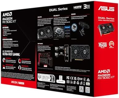 ASUS Dual Radeon RX 9060 XT 16GB GDDR6 Graphics Card  AMD  for Desktop  PCIe 5 0  HDMI 2 1b  DisplayPort 2 1a  2 5 Slot  Axial tech Fan  0dB Technology  and More 