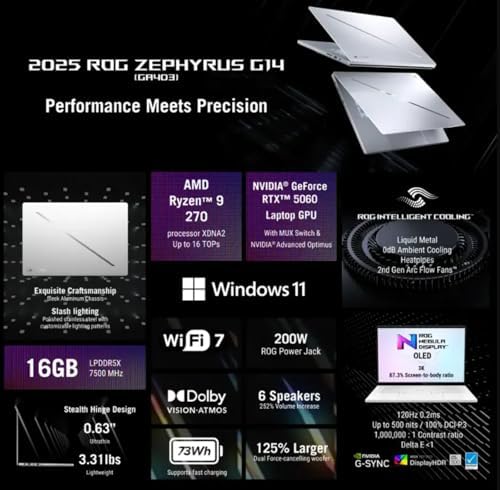 ASUS MUX ROG Zephyrus G14 14 OLED 3K 120Hz Gaming Laptop   AMD Ryzen 9 270   GeForce RTX 5060 Window 11 Home W/Mouse pad  Window 11 Home  16GB RAM   1TB PCIe SSD 