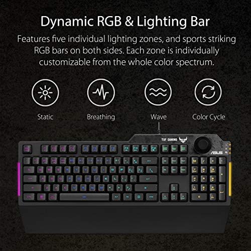 ASUS Membrane Gaming Keyboard for PC   TUF K1   Programmable  Onboard Memory   Dedicated Volume Knob  Aura Sync RGB & Side Lighting   Detachable Wrist Rest   Spill Resistant   Highly Durable   Black