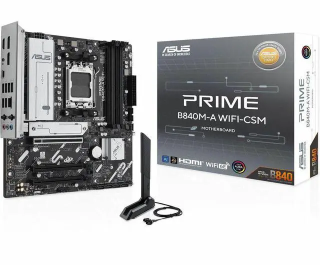ASUS PRIME B840M A WIFI CSM AMD AM5 B840 mATX motherboard  Advanced AI Ready  DDR5  PCIe 4 0 Ready  three M 2 slots  Wi Fi 6E  2 5Gb LAN  DisplayPort  HDMI  USB 5Gbps Type C  BIOS FlashBack  Aura