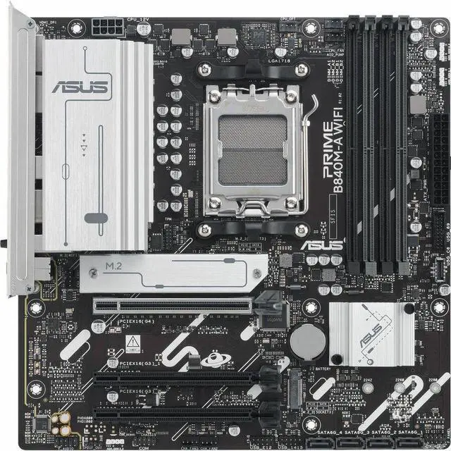 ASUS PRIME B840M A WIFI CSM AMD AM5 B840 mATX motherboard  Advanced AI Ready  DDR5  PCIe 4 0 Ready  three M 2 slots  Wi Fi 6E  2 5Gb LAN  DisplayPort  HDMI  USB 5Gbps Type C  BIOS FlashBack  Aura