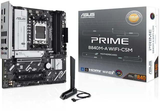 ASUS PRIME B840M A WIFI CSM AMD AM5 B840 mATX motherboard  Advanced AI Ready  DDR5  PCIe 4 0 Ready  three M 2 slots  Wi Fi 6E  2 5Gb LAN  DisplayPort  HDMI  USB 5Gbps Type C  BIOS FlashBack  Aura