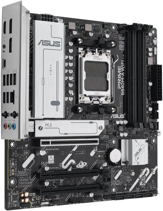 ASUS PRIME B840M A WIFI CSM AMD AM5 B840 mATX motherboard  Advanced AI Ready  DDR5  PCIe 4 0 Ready  three M 2 slots  Wi Fi 6E  2 5Gb LAN  DisplayPort  HDMI  USB 5Gbps Type C  BIOS FlashBack  Aura