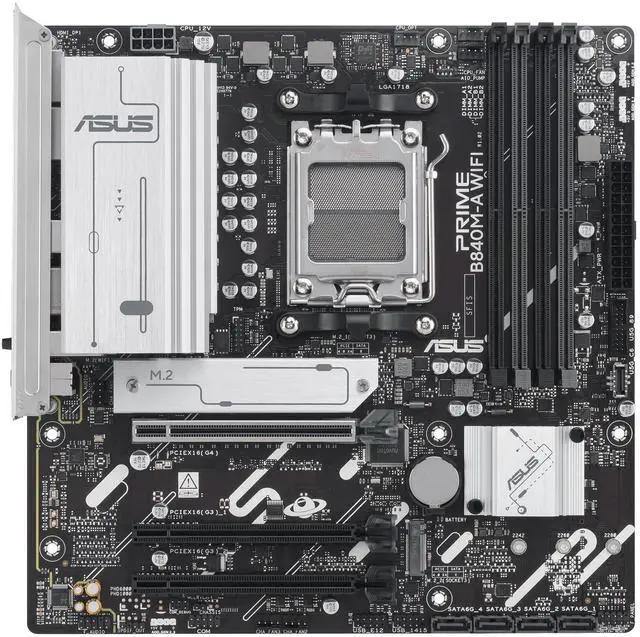 ASUS PRIME B840M A WIFI CSM AMD AM5 B840 mATX motherboard  Advanced AI Ready  DDR5  PCIe 4 0 Ready  three M 2 slots  Wi Fi 6E  2 5Gb LAN  DisplayPort  HDMI  USB 5Gbps Type C  BIOS FlashBack  Aura