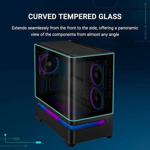 ASUS Prime AP202 ARGB Black mATX pc case with Fully Tempered Curved Glass  Supports Graphics Cards up to 420mm Long  360mm Long radiators  Easy Detach Rail  Patented Slot Vent  3 Built in ARGB Fans