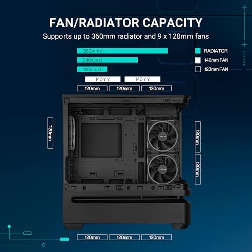 ASUS Prime AP202 ARGB Black mATX pc case with Fully Tempered Curved Glass  Supports Graphics Cards up to 420mm Long  360mm Long radiators  Easy Detach Rail  Patented Slot Vent  3 Built in ARGB Fans